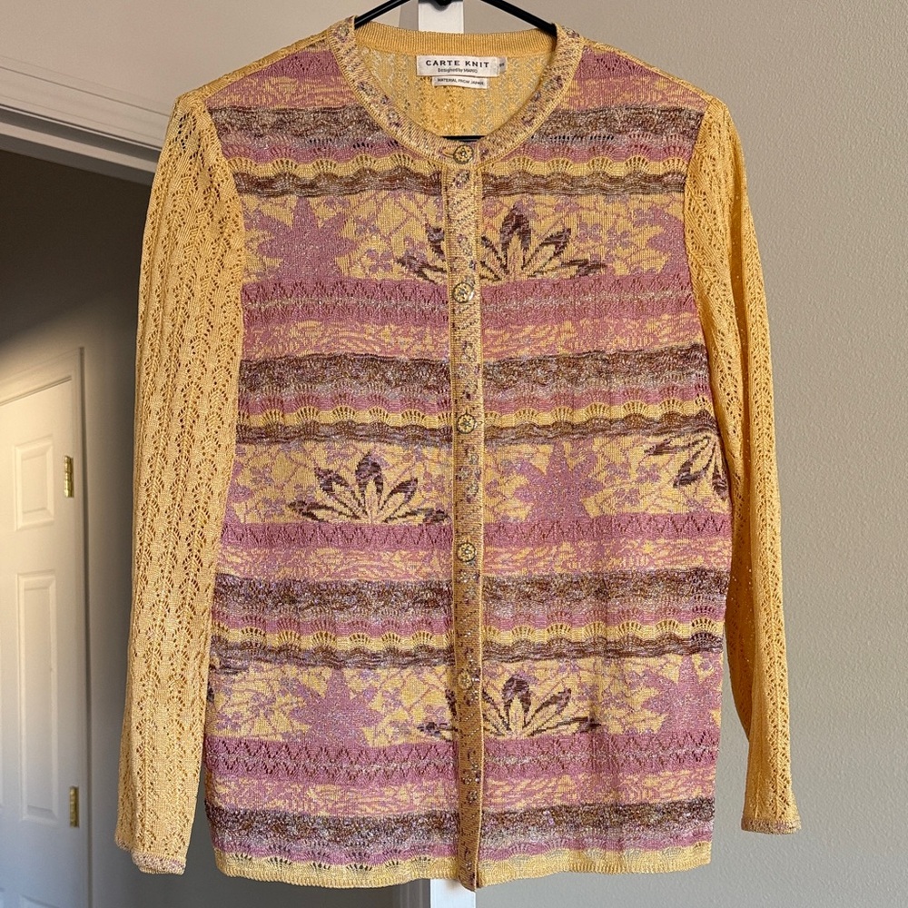 Elegant Yellow and Purple Lace Cardigan